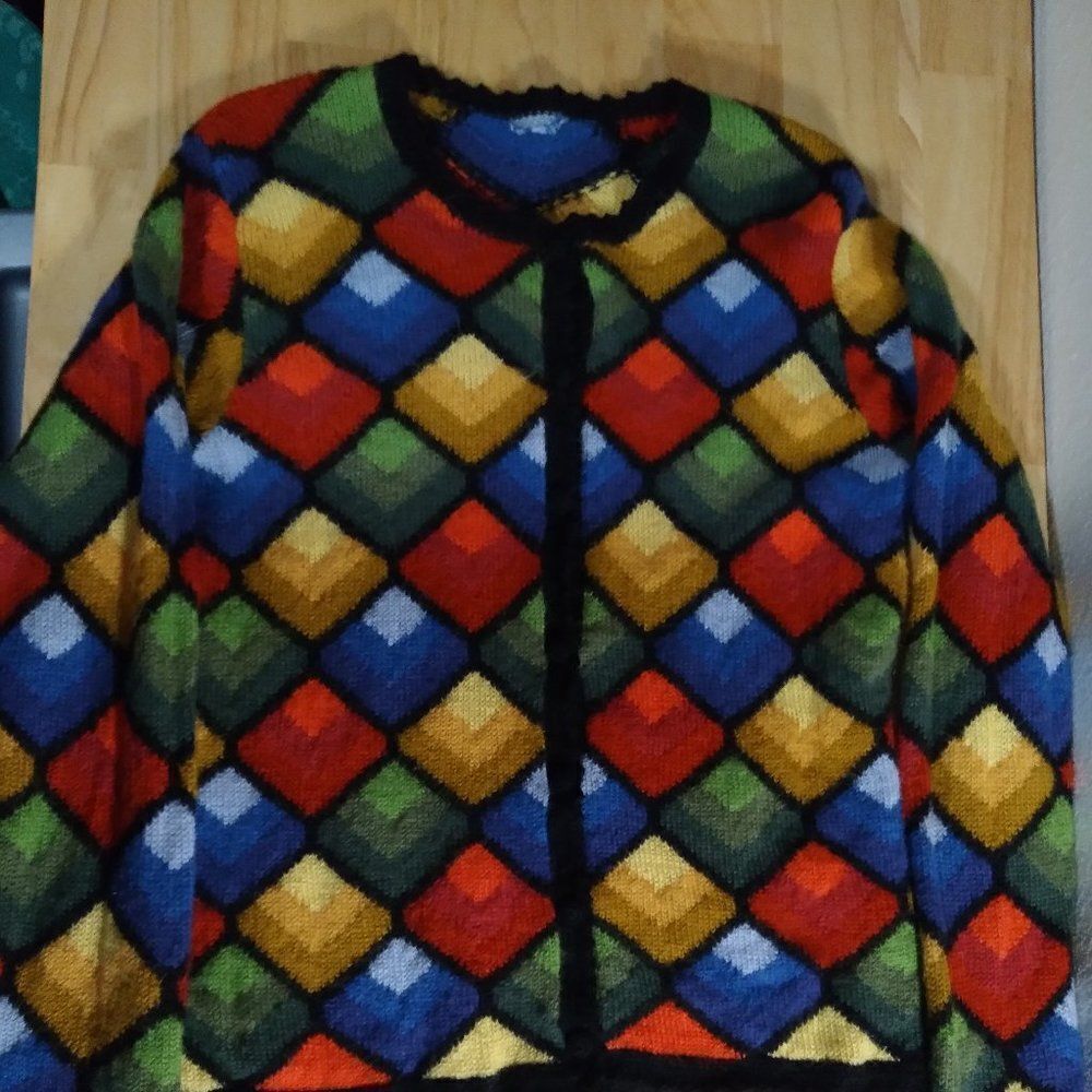 Vintage Geometric Pattern Checkers Rainbow Op Art Cardigan Sweater